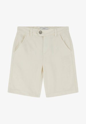 Shorts en coton beige avec fermeture à bouton, poches avant et coupe droite. Texture lisse, sans motifs ni accents.
