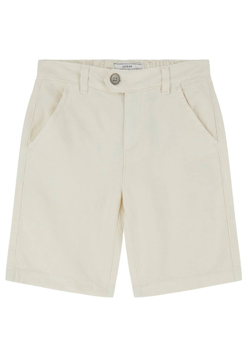 Pantaloni corti beige in cotone con chiusura a bottone, tasche frontali e taglio dritto. Tessuto liscio, senza motivi o accenti.