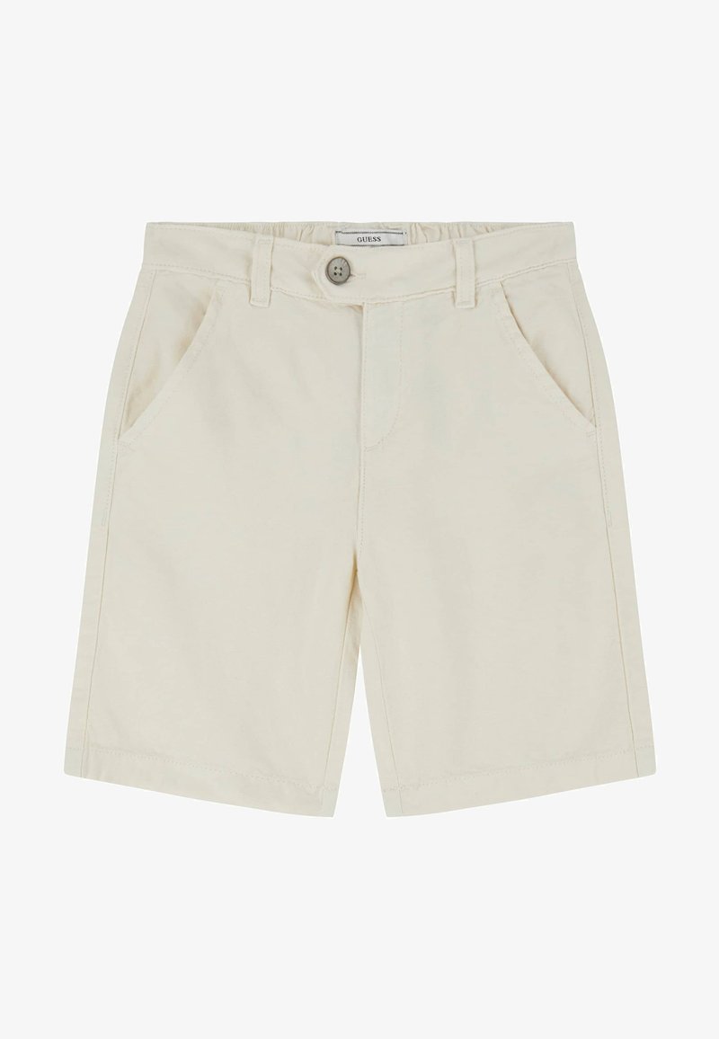 Beige Baumwollshorts mit einem Knopfverschluss, Eingrifftaschen und geradem Schnitt. Glatte Textur, ohne Muster oder Akzente.