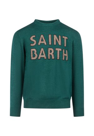 Maglione verde in maglia con collo, polsini e orlo a costine, con grande scritta ""SAINT BARTH"" in lettere decorate sul petto.