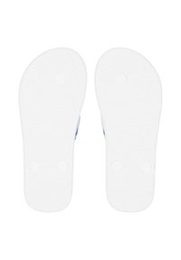 Semelles de sandales en caoutchouc blanc avec un motif floral texturé, deux creux circulaires et une finition lisse, conçues pour le confort et l'adhérence.