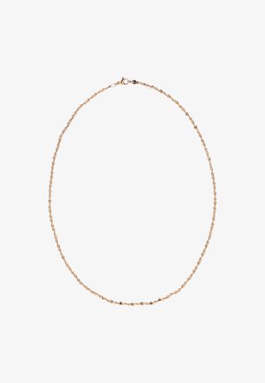 Skręcony naszyjnik z metalowego łańcuszka w kolorze złota, z karabińczykiem i gładką powierzchnią, charakteryzujący się delikatnym, lekkim designem.