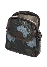 Sort taske med blomstret præget mønster med blå blomster, brune accenter, lynlåslukning øverst og foret indre med sildebensdesign.