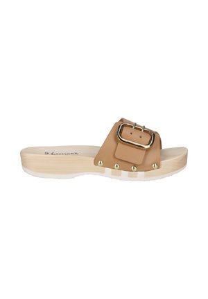Tan slide sandal with a large buckle, metal studs, and a wooden sole. Features a flat, textured surface and a low-profile design.