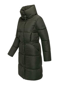 Dark green puffer coat with a high collar, quilted pattern, and long sleeves. Features a logo accent on the left sleeve.