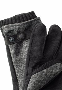 Schwarz- und graue Handschuhe mit Hahnentrittmuster, geripptem Bündchen und Akzenten durch Druckknöpfe. Aus strukturiertem Material gefertigt, um Wärme zu bieten.