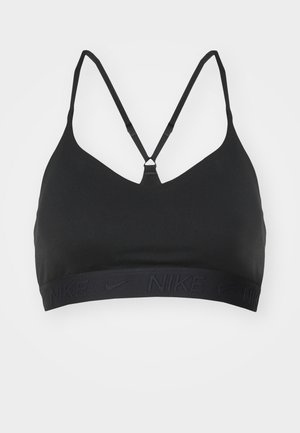 Soutien-gorge de sport noir avec un design en V, des bretelles croisées ajustables et une bande élastique marquée avec le logo Nike. Texture de tissu lisse.