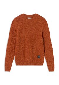 Pull en maille torsadée couleur rouille avec manches longues, col rond, et un petit patch noir de la marque près de l'ourlet sur le côté avant droit.