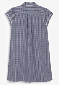 Navy- und weiß kariertes Kleid mit kurzen Ärmeln, Kragen und gerafftem Rücken. Hergestellt aus leichtem Stoff, bietet es eine lockere Passform.