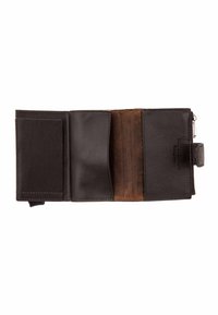 Sort læderpung med bifold-design. Har flere kortlommer, en lynlåslomme og en struktureret indvendig.
