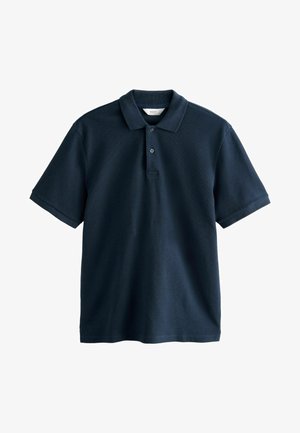 Navy blue polo shirt made of textured knit fabric, featuring a classic collar, three button placket, and short sleeves.