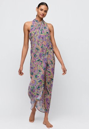 Lange, lichtgewicht, mouwloze jurk met een kleurrijk paisley-patroon in paarse, groene en blauwe tinten. Vloeiende stof met een losse pasvorm.