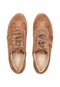 Bruine suède sneakers met een veterontwerp, voorzien van textuurstof, een ronde neus en branding aan de zijkant. Lichtgewicht en casual stijl.