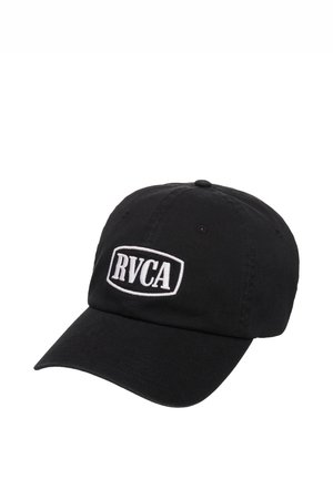 Czarna czapka z daszkiem i białym haftowanym logo RVCA na przednim środkowym panelu.