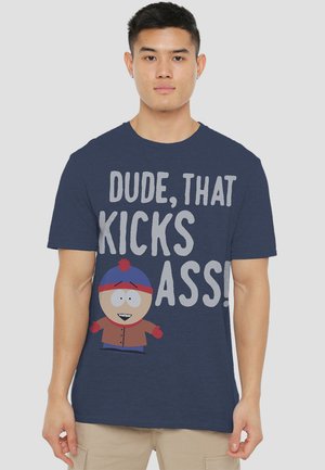 Navy blue cotton t-shirt featuring a graphic of a character with a red hat and brown coat, with bold white text saying, "Dude, that kicks ass!"