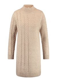 Robe pull beige en maille avec col montant, motifs texturés en torsades et zigzags, et poignets et ourlet côtelés.