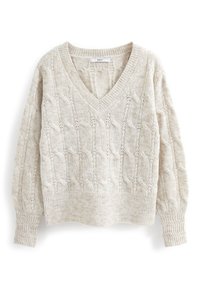 Pull en maille torsadée beige clair avec un col en V, des poignets et un ourlet côtelés. Le tissu présente un motif texturé sur l'ensemble.