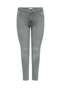 Sive skinny kavbojke iz denima. Imajo klasično obliko s petimi žepi, zadrgo in subtilne zbledelosti na tkanini.