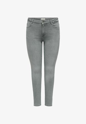 Gray skinny jeans made from denim. Features a classic five-pocket design, zipper fly, and subtle faded detailing on the fabric.
