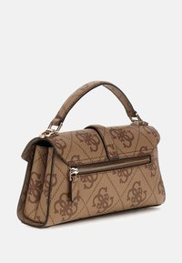 Brown patterned handbag with a structured design, zip closure, a flat top handle, and an exterior zip pocket. Textured fabric finish.