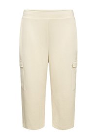 Beige cargo pants with a smooth texture, cropped length, side pockets, and an elastic waistband for comfort.