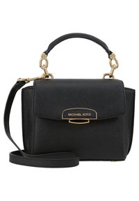 Borsa a tracolla nera in pelle con un design strutturato, hardware dorato, manico superiore e tracolla regolabile. Presenta una chiusura a patta magnetica.