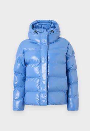 Padded blue puffer jacket with a shiny finish, high collar, and adjustable drawstring hood. Features ribbed cuffs and a front zipper.