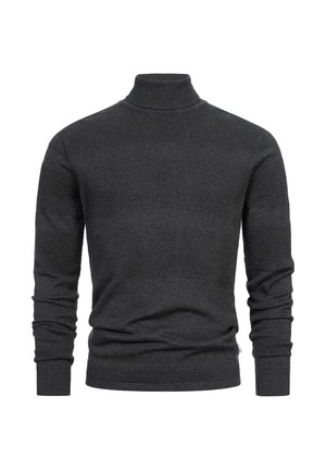 Mørkegrå turtleneck-genser med et teksturert mønster, med ribbede mansjetter og krage. Mellomvekt strikket materiale med horisontalt stripemønster.