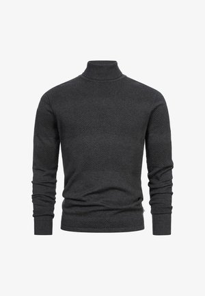 Sötét szürke garbó, textúrált mintával, bordás mandzsettákkal és gallérral. Közepes súlyú kötött anyag, vízszintes csíkmintázattal.