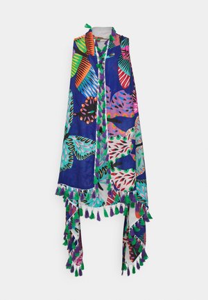 Bunt gemusterter Schal mit tropischen Blattmotiven, Quasten in Grün und Lila entlang der Ränder und in der Mitte vorne.