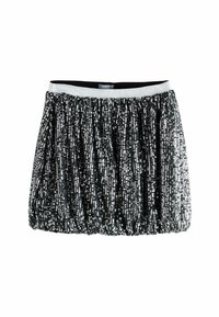 Jupe noire en sequins avec un design froncé, taille élastique argentée et texture réfléchissante. Longueur courte, idéale pour les occasions festives.
