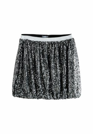Schwarzer Paillettenrock mit gerafftem Design, silbernem elastischem Bund und reflektierender Textur. Kurze Länge, geeignet für festliche Anlässe.