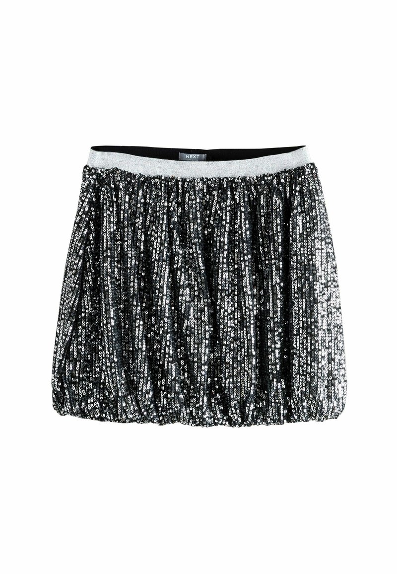 Jupe noire en sequins avec un design froncé, taille élastique argentée et texture réfléchissante. Longueur courte, idéale pour les occasions festives.