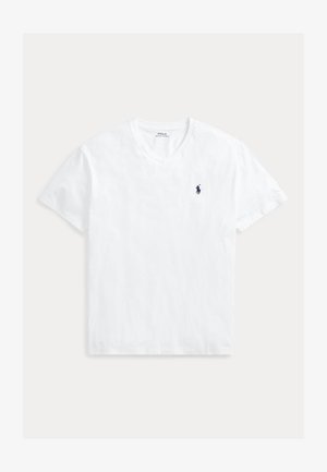 Bijela pamučna majica s V-izrezom, kratkim rukavima i malim tamnoplavi logotipom na lijevoj strani prsa. Meka tekstura i klasični kroj.