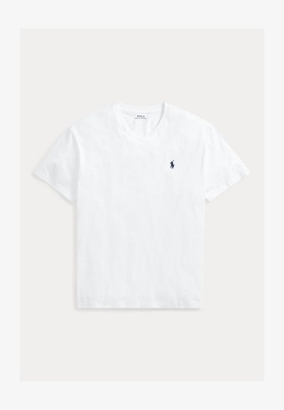 White cotton V-neck t-shirt featuring short sleeves and a small navy logo on the left chest. Soft texture and classic fit.
