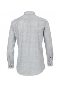 Vit skjorta med knappar och ett litet, flerfärgat mönster. Tillverkad av lätt material med långa ärmar och knäppta manschetter.