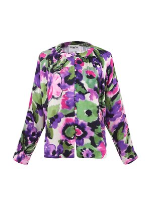 Bloemige blouse met grote paarse, roze en groene patronen, gemaakt van lichtgewicht stof, met een ronde hals en knoopsluiting.