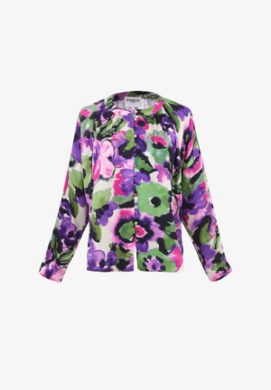Bloemige blouse met grote paarse, roze en groene patronen, gemaakt van lichtgewicht stof, met een ronde hals en knoopsluiting.