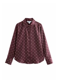 Camisa de manga larga abotonada en púrpura oscuro con lunares beige, con un cuello puntiagudo y puños abotonados.