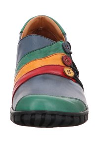 Colorful leather shoe featuring curved stripes in blue, green, orange, red, and yellow. Three decorative buttons and textured black sole.