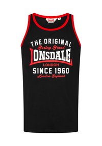 Top negru fără mâneci cu trim roșu, cu un text îndrăzneț alb și roșu: "MARCA ORIGINALĂ DE BOX LONSDALE LONDON DIN 1960." Material din bumbac, design casual.