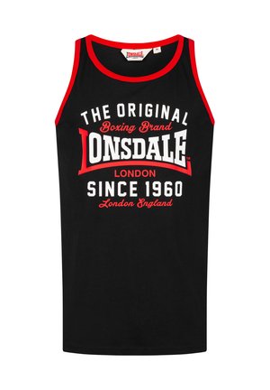 Black tank top with red trim, featuring bold white and red text: "THE ORIGINAL BOXING BRAND LONSDALE LONDON SINCE 1960." Cotton material, casual design.