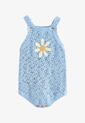 Helehall sinine beebikombinesoon õlapaeltega, puidust nööpidega ja keskel valge-kollase moonilille mustriga.