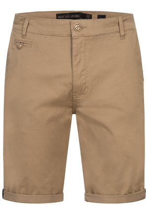 Khaki shorts made of cotton with a smooth texture, featuring a rolled hem, front pockets, and a button closure.