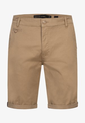 Khaki-Shorts aus Baumwolle mit glatter Textur, mit umgeschlagenem Saum, Fronttaschen und Knopfverschluss.
