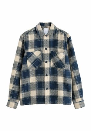 Karierte Hemd in Marineblau und Creme, mit Button-Down-Kragen, zwei Brusttaschen und einem strukturierten Stoff mit einem gemusterten Design.