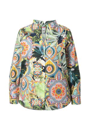 Kolorowa koszula zapinana na guziki, z żywym kwiatowym i geometrycznym wzorem w zieleni, różu, niebieskim i pomarańczowym. Długie rękawy i kołnierzyk.