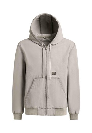 Felpa con cappuccio grigia chiaro con zip, tasche anteriori, cappuccio regolabile con cordino, polsini e orlo a coste, e una piccola patch rettangolare del marchio sul petto.