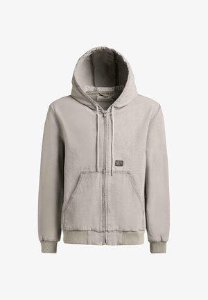 Hellgrauer Kapuzenpullover mit Reißverschluss, Fronttaschen, Kordelzug an der Kapuze, gerippten Bündchen und Saum sowie einem kleinen rechteckigen Markenpatch auf der Brust.