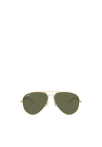 Occhiali da sole aviator con lenti verdi, montatura in metallo dorato e naselli trasparenti. Presenta un doppio ponte e stanghette sottili.